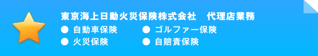 東京海上日動火災保険株式会社　代理店業務：自動車保険、ゴルファー保険、火災保険、自賠責保険